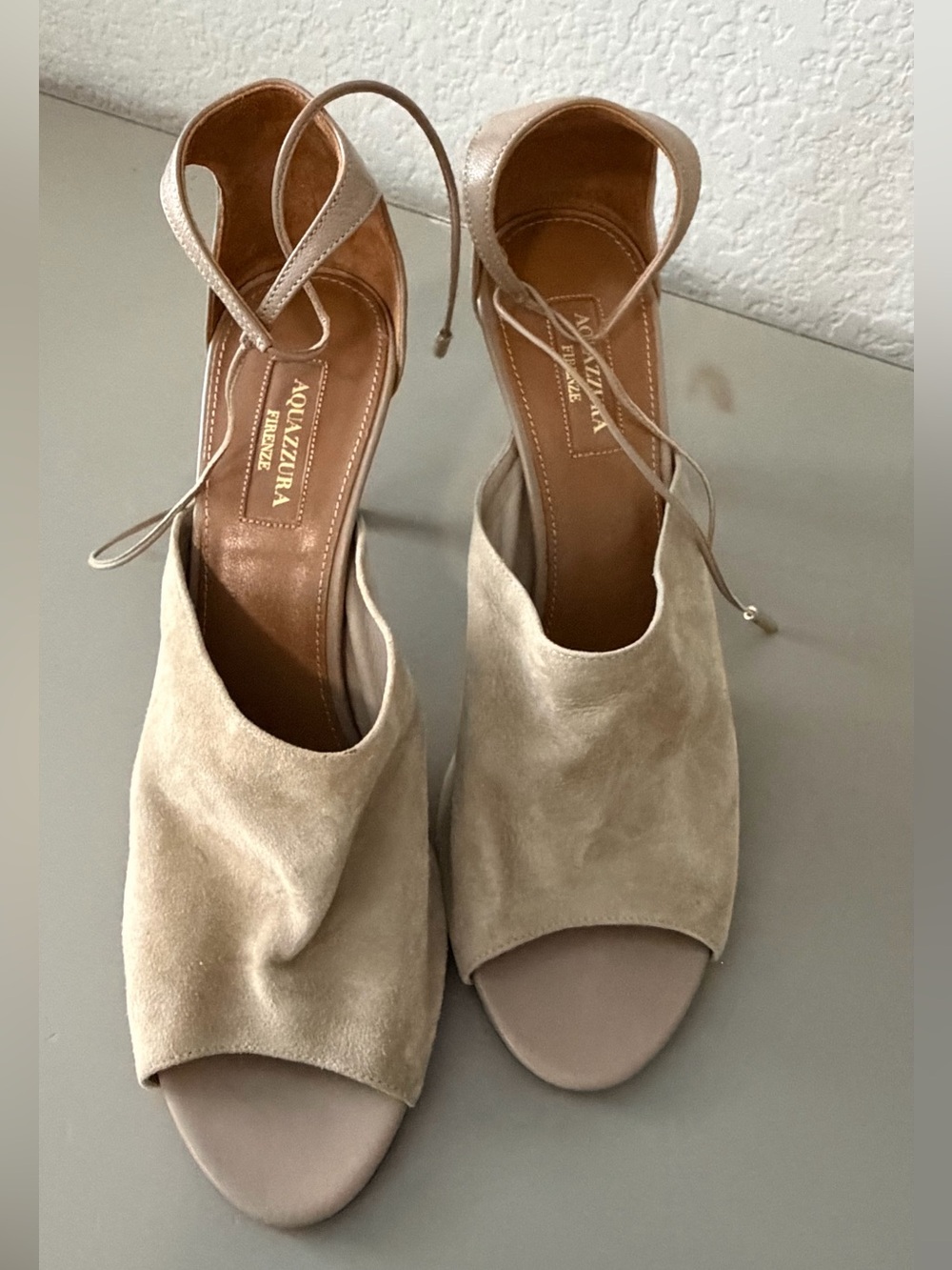 Aquazzura Taupe Suede Peep-Toe Wrap Sandals